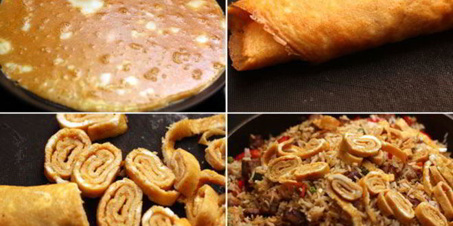 Рецепт риса со свининой, овощами и омлетом