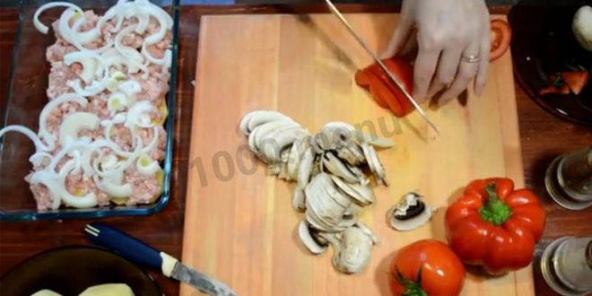 Рецепт картошки по-французски с фаршем помидорами грибами