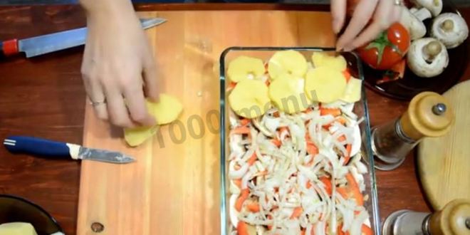Рецепт картошки по-французски с фаршем помидорами грибами