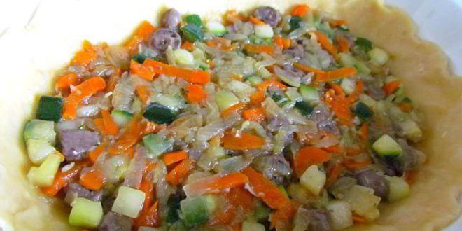 Рецепт киша с овощами и куриными сердечками