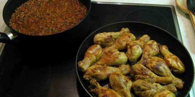 Рецепт курицы жареной с чечевицей в вине