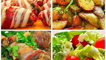 Рецепт Сочного Кебаба с панчеттой, деревенский картофель и острый салат