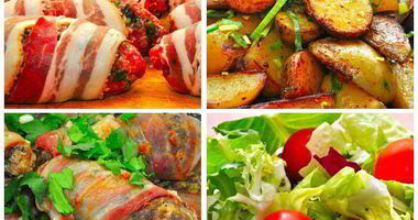 Рецепт Сочного Кебаба с панчеттой, деревенский картофель и острый салат