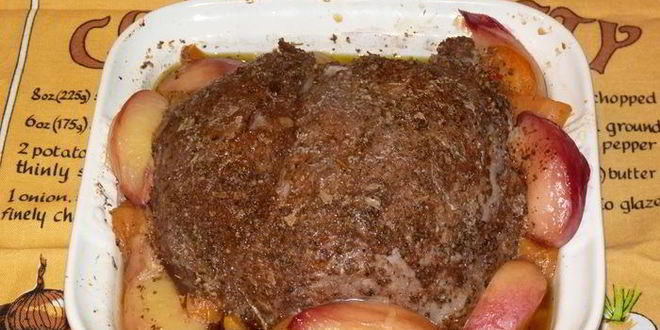 Рецепт запеченной телятины с вином и персиками