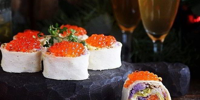 Рецепт оливье с рыбой в рулете