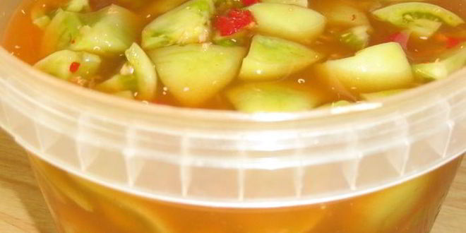 Рецепт маринованных зеленых помидоров в кисло-сладком, остром маринаде закусон