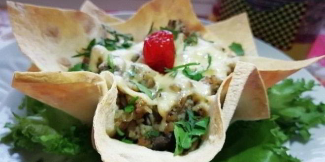 Рецепт гречи с печенью в корзинке из лаваша